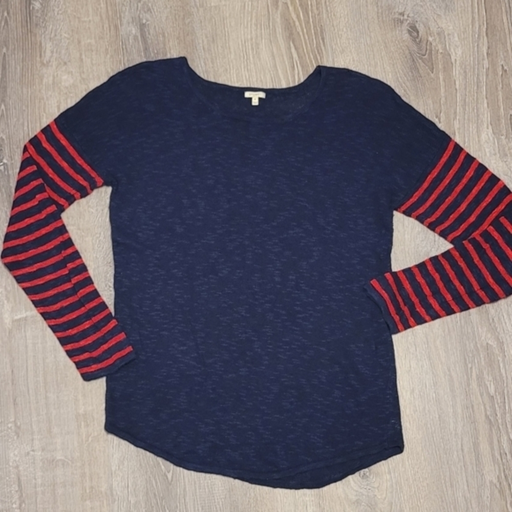 Project Blue Red Striped‎ Sleeves Linen Cotton Sweater Size XL